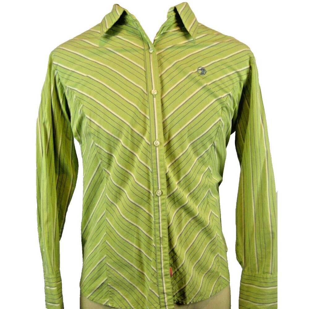 Womens DuckHead Jeans Green Stripe CottonSpandex LS Fr Cuff Casual Shirt sz 2XJP